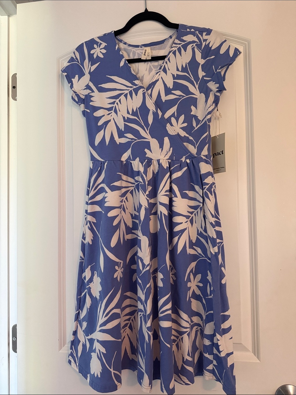 Pact Blue & White Botanical V-Neck Dress
